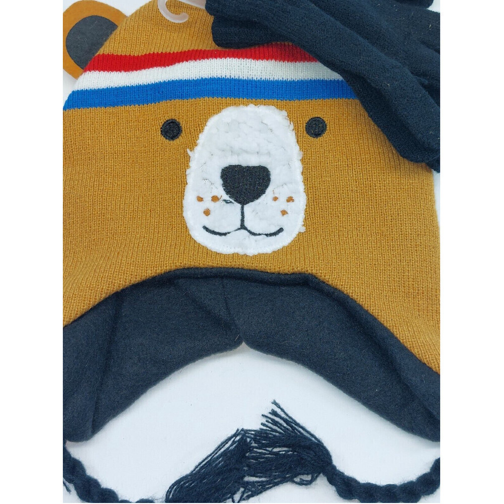Kids Style 5 Brown Bear W/Red/White/Blue Band Hat & Gloves Set - NEW WITH TAGS